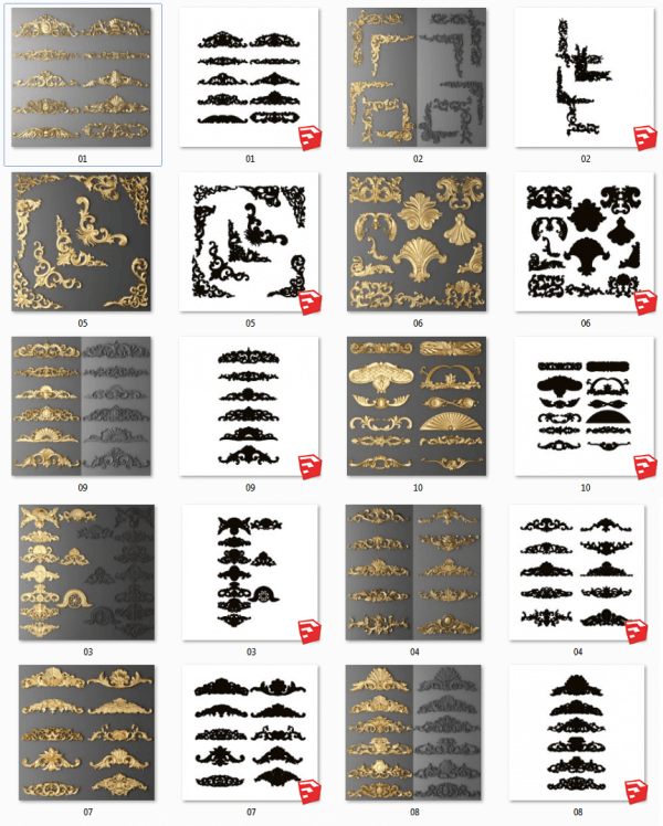 Thư viện 10 mẫu tranh phù điêu tân cổ điển 3d mạ vàng chi tiết file Sketchup